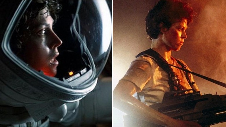 Left: Ripley in spacesuit; Right: Ripley with gun