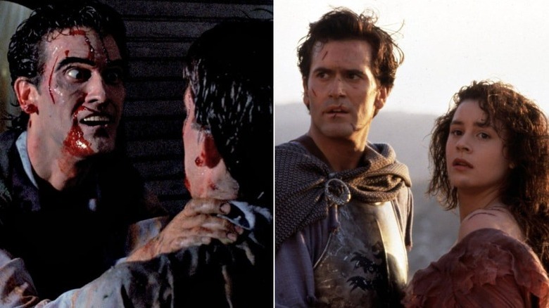 Left: Ash grabs man's neck; Right: Ash and Sheila