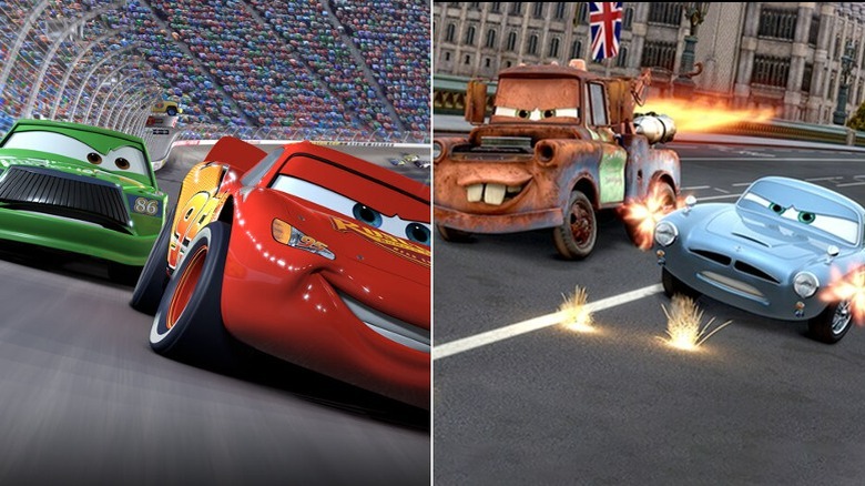 Left: Lightning racing; Right: Mater and Finn in shootout