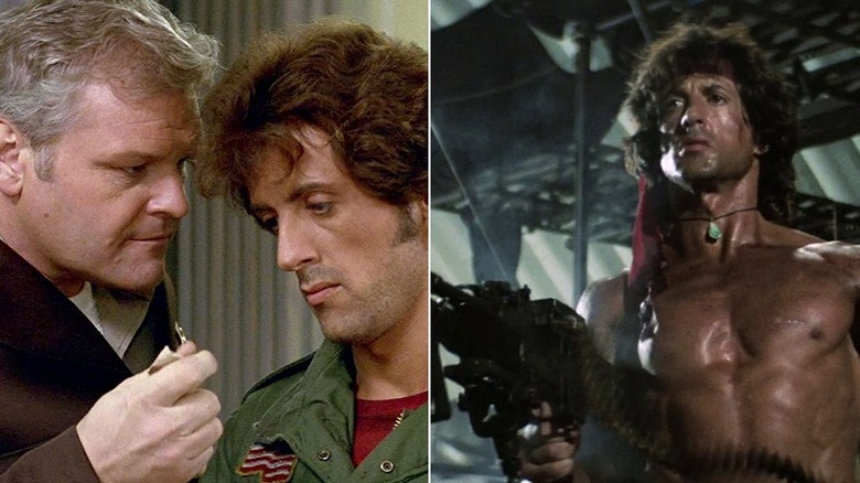 Left: Sheriff Teasle talks to Rambo; Right: Rambo with machine gun