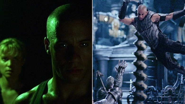 Left: Riddick in darkness; Right: Riddick jump-stabbing