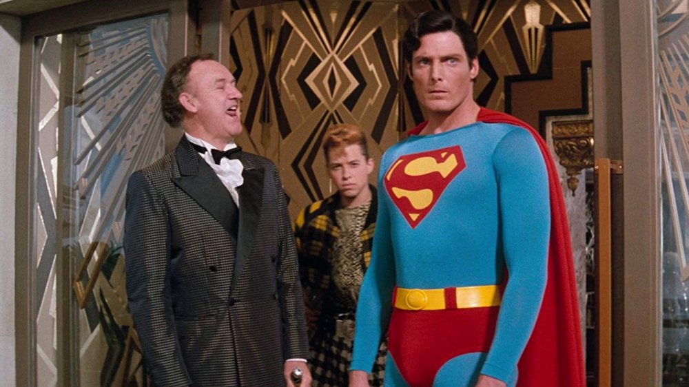 Gene Hackman as Lex Luthor, Jon Cryer as Lenny Luthor, and Christopher Reeve as Superman in "Superman IV: The Quest for Peace"