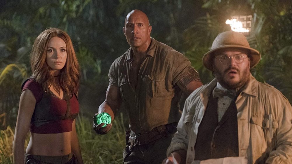 Karen Gillan, Dwayne Johnson, and Jack Black in Jumanji: Welcome To The Jungle