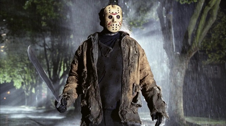 Jason Voorhees standing in rain