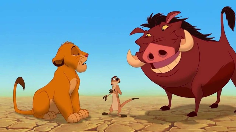 Timon and Pumba in the savannah with Simba