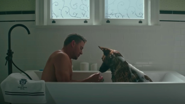 Channing Tatum and dog in bathtub