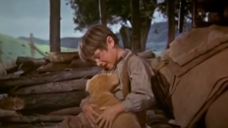 young boy and dog, embracing