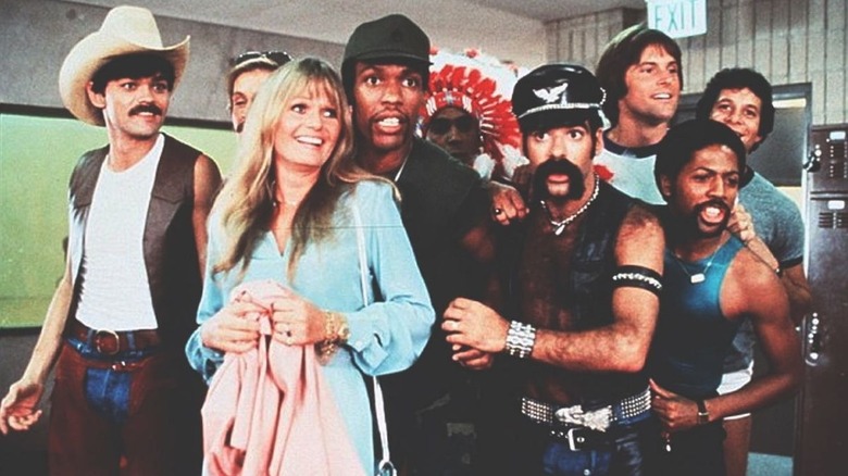 The Village People and friends confronting an adversary in Can't Stop the Music (1980)