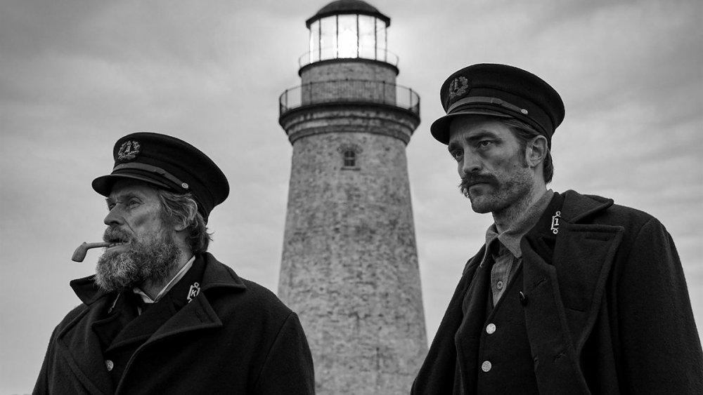 Willem Dafoe as Thomas Wake and Robert Pattinson as Ephraim Winslow in "The Lighthouse"