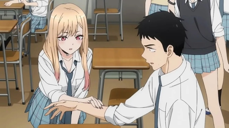 Marin touches Gojo's arm in the classroom