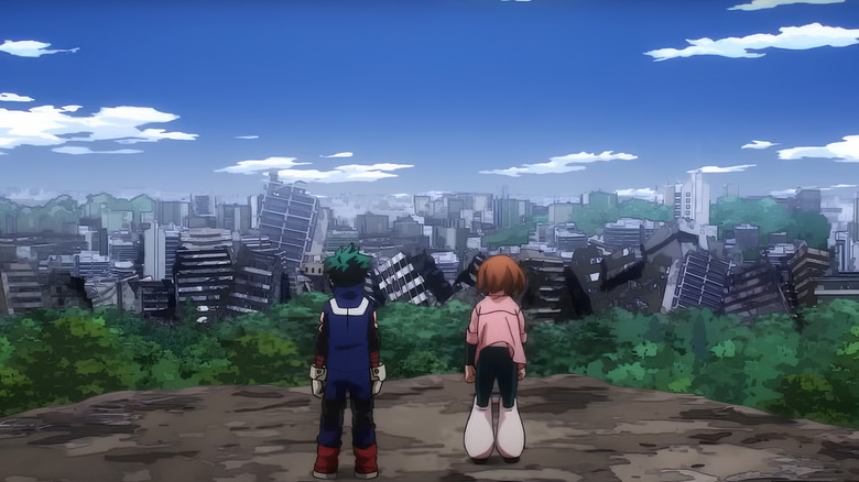 Deku and Uraraka look on