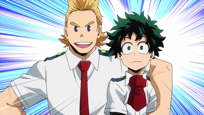 Mirio embraces a stunned Midoriya