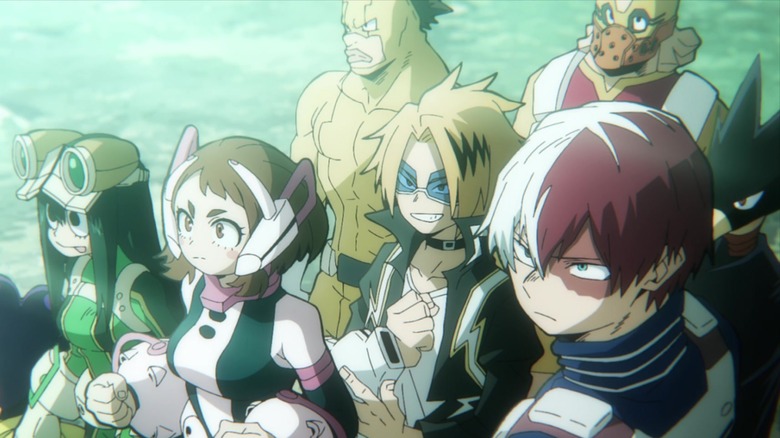 Members of Class 1-A in hero costume looking ready