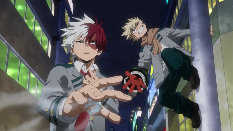 Todoroki and Bakugo pursuing a villain