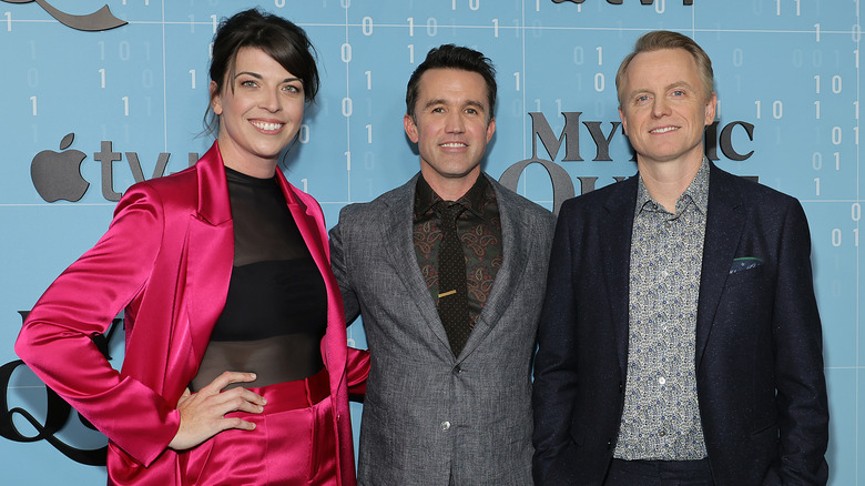 Megan Ganz, Rob McElhenney, and David Hornsby smiling