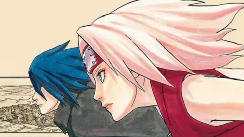 Drawing of older Sasuke and Sakura running side by side