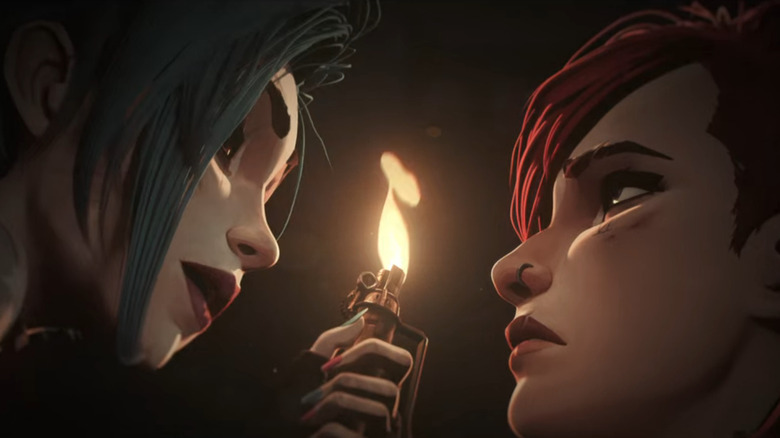 Jinx holds a lighter and admonishes Vi in Arcane