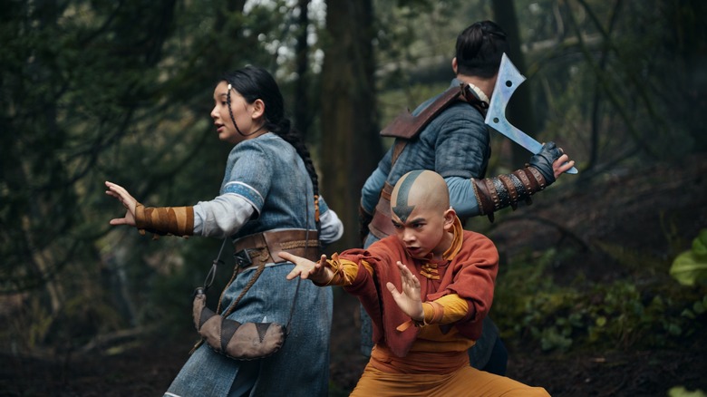 Aang, Sokka, and Katara fighting