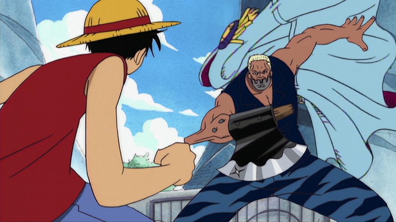 Luffy and Axe-Hand Morgan fighting