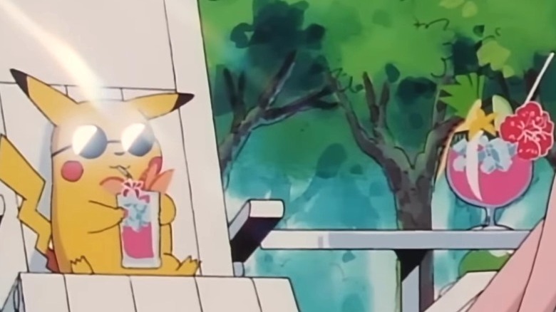 Pikachu relaxing with drink in Pokémon