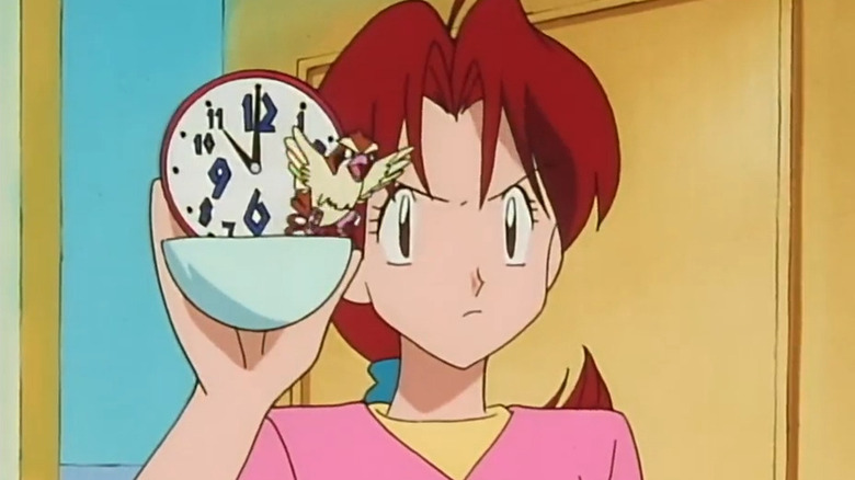 Delia Ketchum holding alarm clock in Pokémon