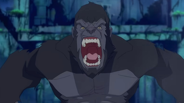 Kong roaring in front of temple