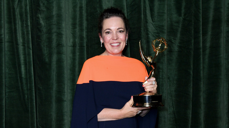 ECU of Olivia Colman holding Emmy 2021