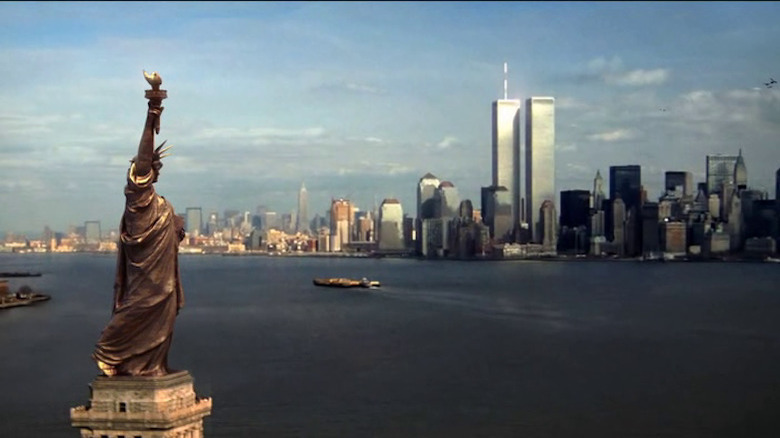 Alternate universe with a bronze statue of liberty and twin towers