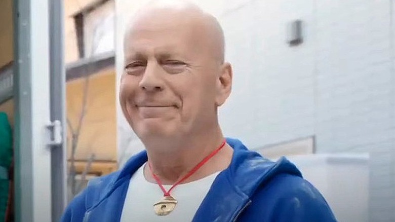 Bruce Willis squinting as Doraemon