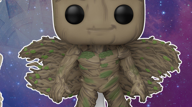 A Funko Pop of Groot with organic, wooden wings