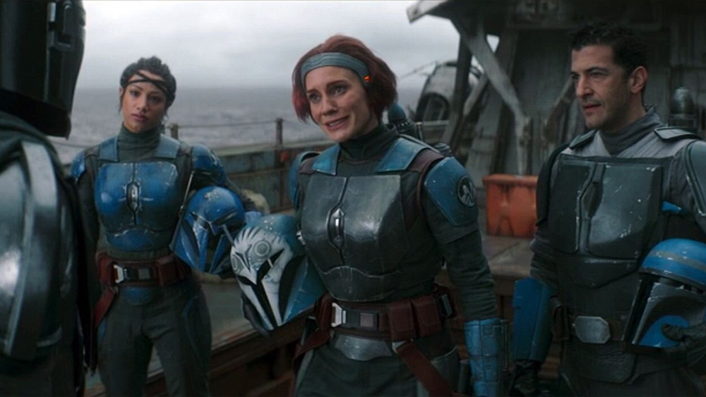 Simon Kassianides, Katee Sackhoff and Mercedes "Sasha Banks" Varnado as Axe Woves, Bo-Katan Kryze and Koska Reeves on The Mandalorian