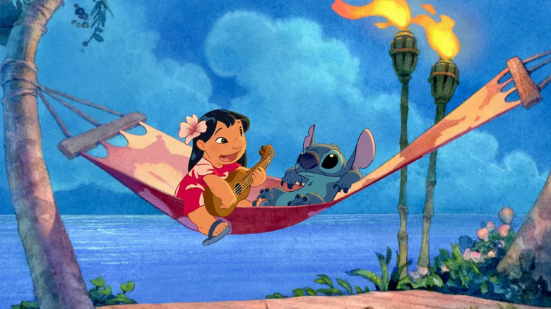 Lilo and Stitch sitting in hammock with Lilo playing the ukulele 