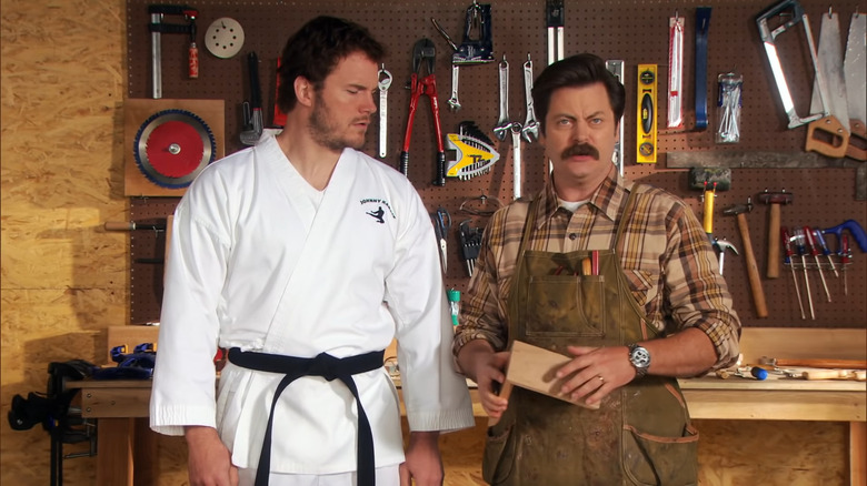 Ron Swanson teaching woodworking with Andy