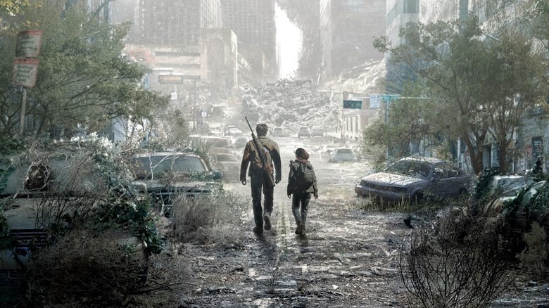 Joel and Sarah walking through ruined city on "The Last of Us" poster