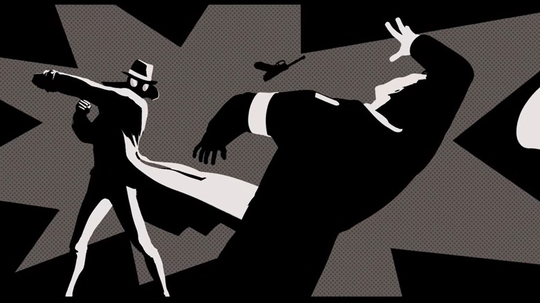 Spider-Man Noir punching a bad guy in Spider-Man: Into the Spider-Verse