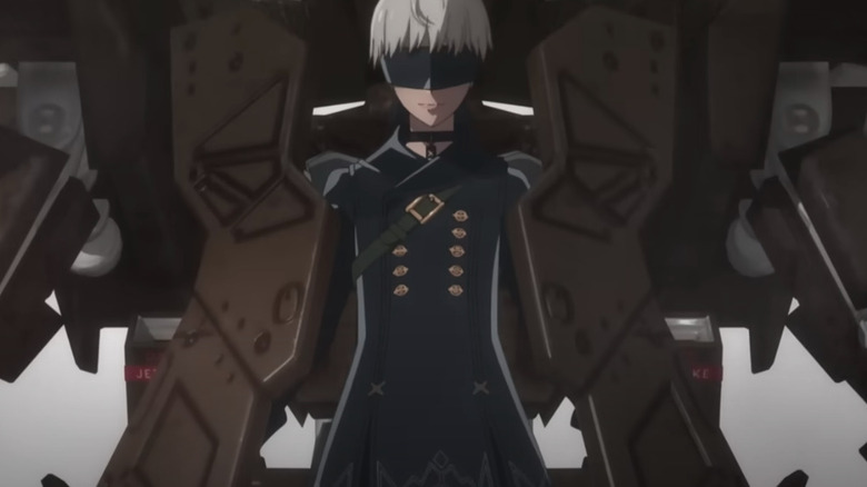 9S wearing a blindfold