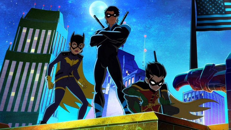 Batgirl, Nightwing, & Robin on skyrise