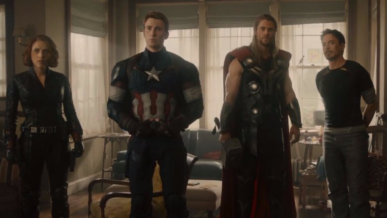 Scarlett Johansson, Chris Evans, Chris Hemsworth, and Robert Downey Jr. in Avengers: Age of Ultron