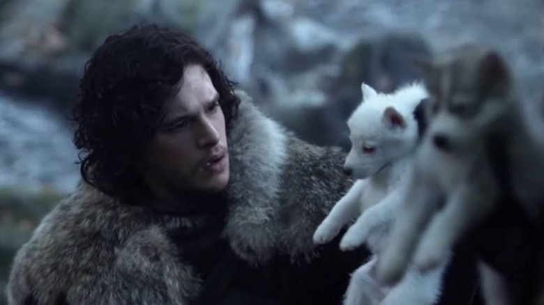 Jon holding direwolf puppy