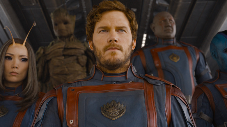 Guardians of the Galaxy Vol. 3's Star-Lord next to Mantis, Groot, Nebula, and Drax