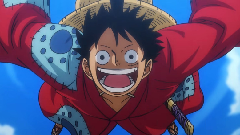 Luffy in midair smiling