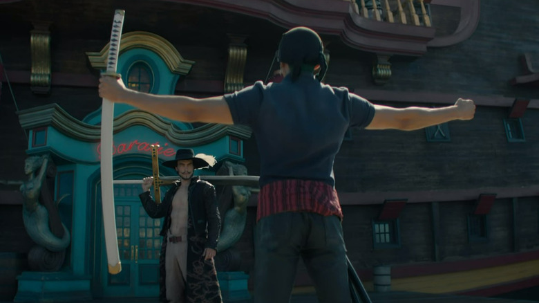 Zoro bearing his chest to Mihawk