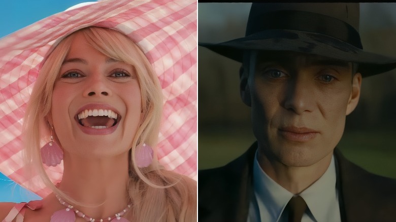 Barbie smiling, Oppenheimer sad