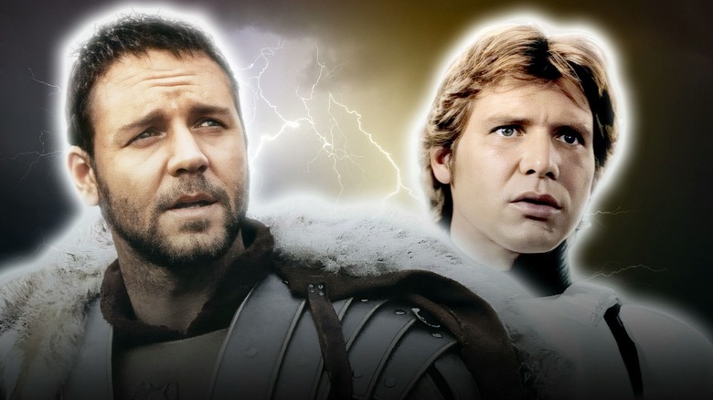 Side by side photos of Russel Crowe in Gladiator and Harrison Ford as Han Solo