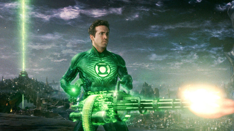 Green Lantern firing green machine gun