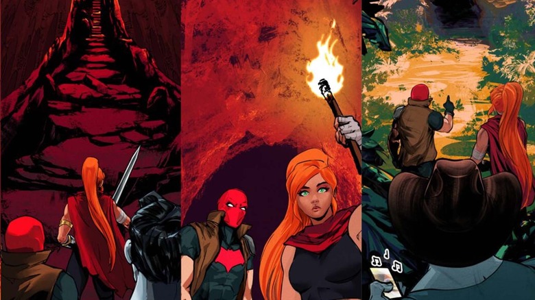 Red Hood and the Outlaws exploring a cave