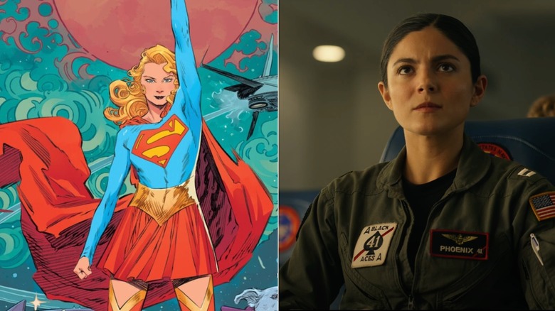 Supergirl beside Monica Barbaro from Top Gun