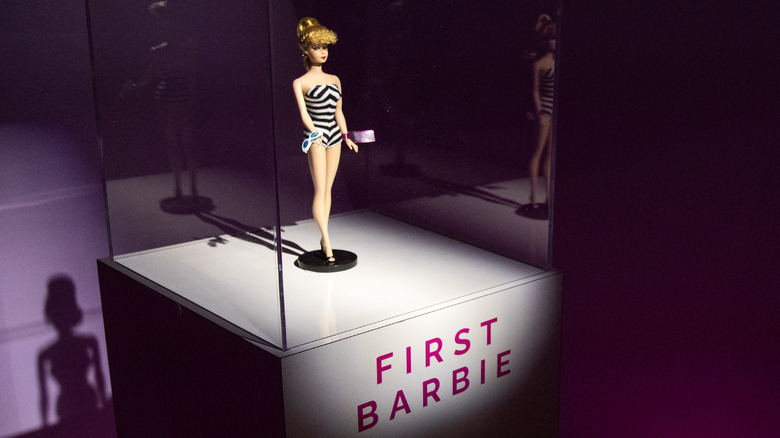 The first Barbie displayed in glass case