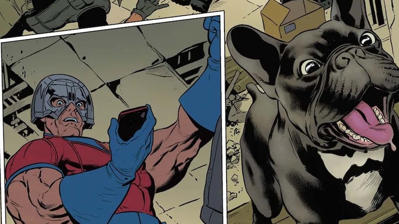 Peacemaker meets Bruce Wayne the dog