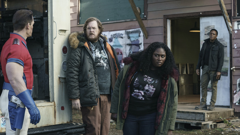 John Cena, Steve Agee, Danielle Brooks and Chukwudi Iwuji standing outside